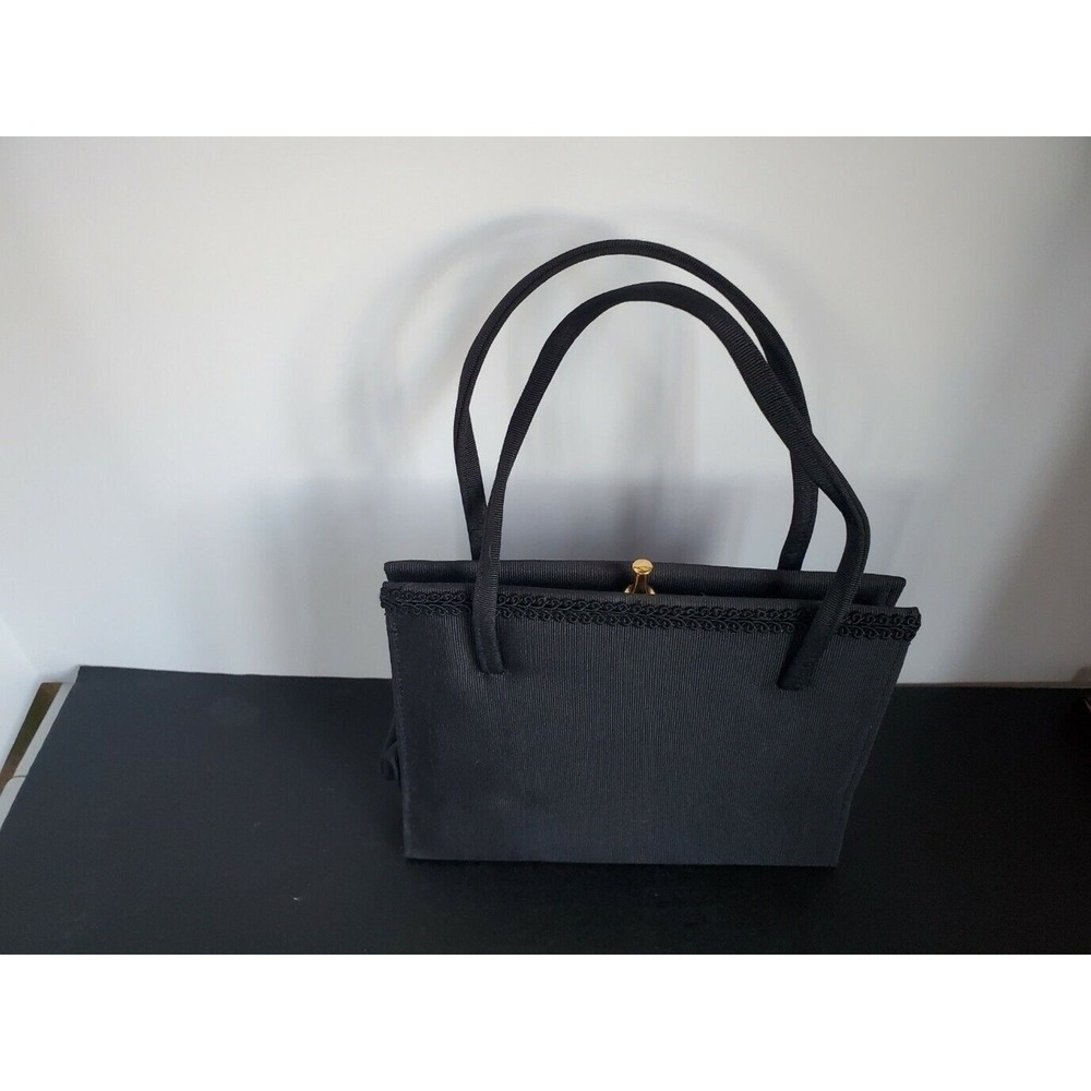Vintage Black Grosgrain Evening Handbag Gold‎ Tone Hardware Braided Trim Clutch